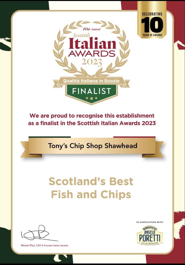 fish & chips award of Tony's Chip Shop in Coatbridge! 